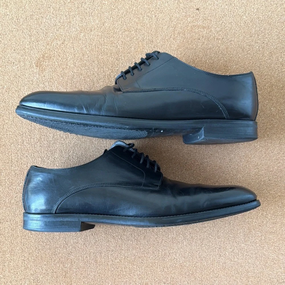 Mens Black Leather Lace Up Derby Dress Shoes Plain‎ Toe 10.5 To Boot NY Italy